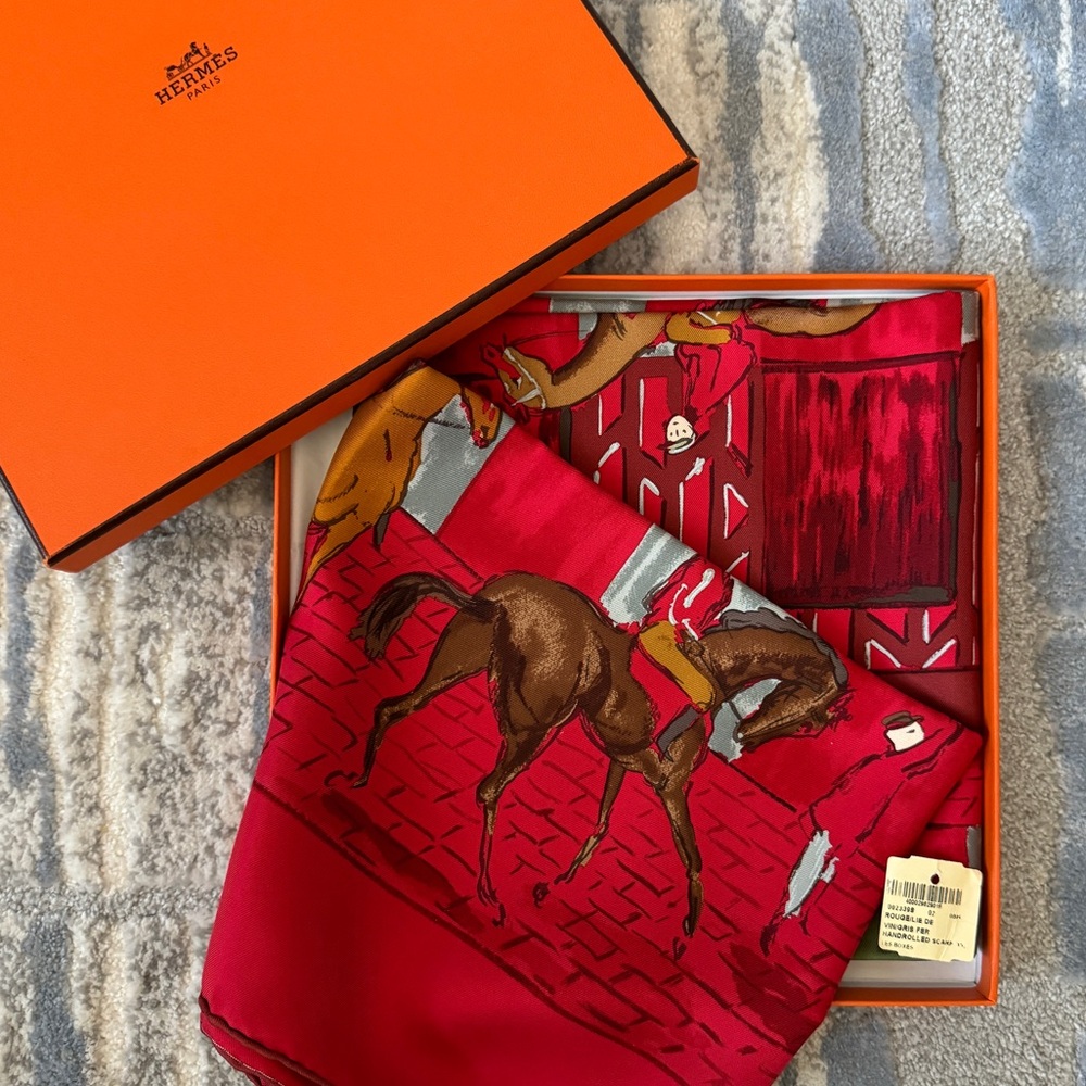 Hermès Red Equestrian Silk Scarf - Horses Stable Design 100% Silk Shawl